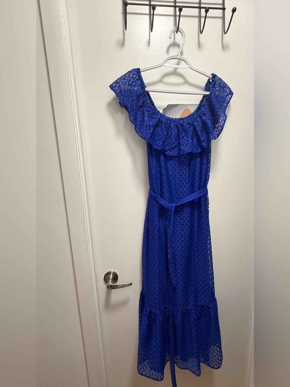 Wallis Cobalt Royal Blue Lace Off Shoulder Ruffle Dress UK 16 US 12 L or XL